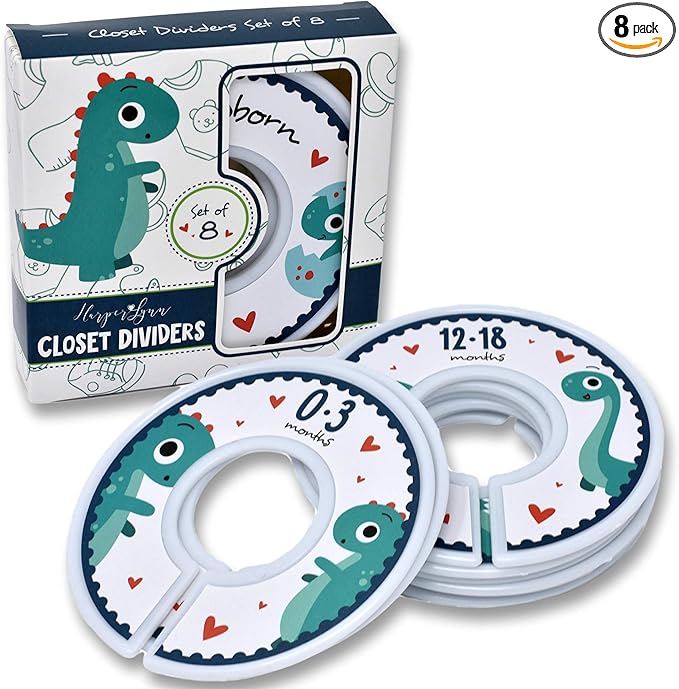HarperLynn Baby Closet Dividers - Set of 8 Dinosaur Nursery Clothes Organizers - Size Newborn Infant to 2T. Great Gifts Accessories for First Time Parents of Boy or Girl. Fits 1.25 Inch Rod.