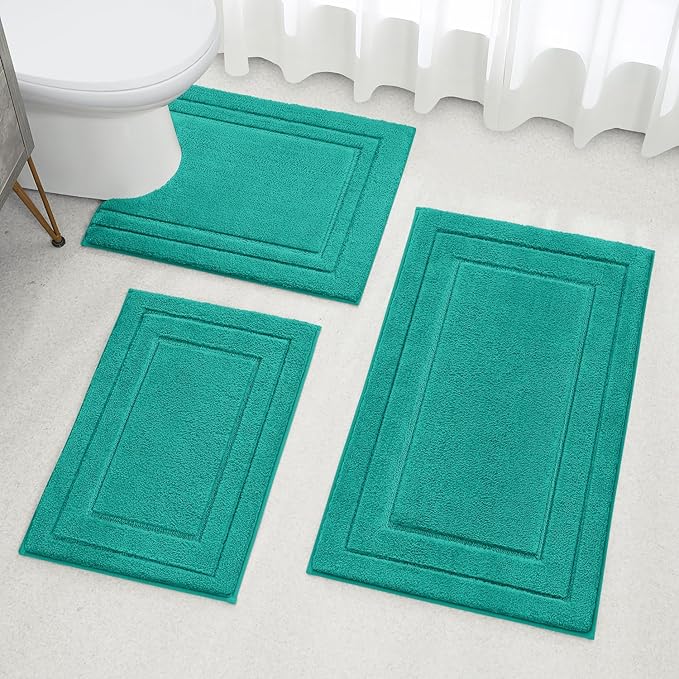HOMEIDEAS Bathroom Rugs Sets 3 Piece, Super Soft and Absorbent Non Slip Microfiber Toilet Bath Mat with U-Shaped (Teal)