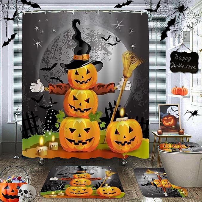 Halloween Pumpkin Waterproof Curtain,with Non-Slip Rugs,Toilet Lid Cover and Bath Mat,Bathroom Shower Decor Accessory Set