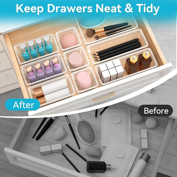 48 PCS Drawer Organizer Set, 4 Sizes Tool Storage Trays, Clear Plastic Makeup Vanity Organizer and Storage Bins for Makeup, Stationeries, Multiple Gadgets for Bathroom, Office, Bedroom