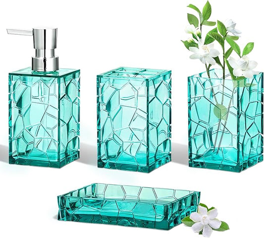 HBlife Bathroom Accessories Set, Teal Blue Acrylic Bathroom Counter Set with Toothbrush Holder, Soap Dispenser, Tumbler, Soap Dish, Turquoise Boho Modern Bathroom Decor, Ideal Gift Choice