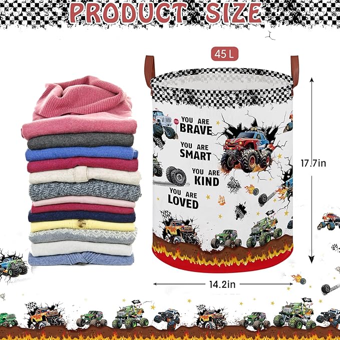 Monster Trucks Laundry Hamper Basket Kid Gift Toy Bin Empty Car Nursery Decor Hamper,Storage Basket Collapsible Clothes Book Organizer Bin for Boy,Valentine's Day Gift (Monster Trucks-Fire)