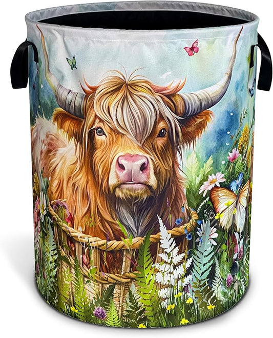 Highland Cow Laundry Basket Longhorn Cattle Oxford Cloth Laundry Hamper With Handle Foldable Portable Clothes Storage Basket 18.9 X 16.5 Inch Storage Bag For Laundry Room/Bathroom/Bedroom