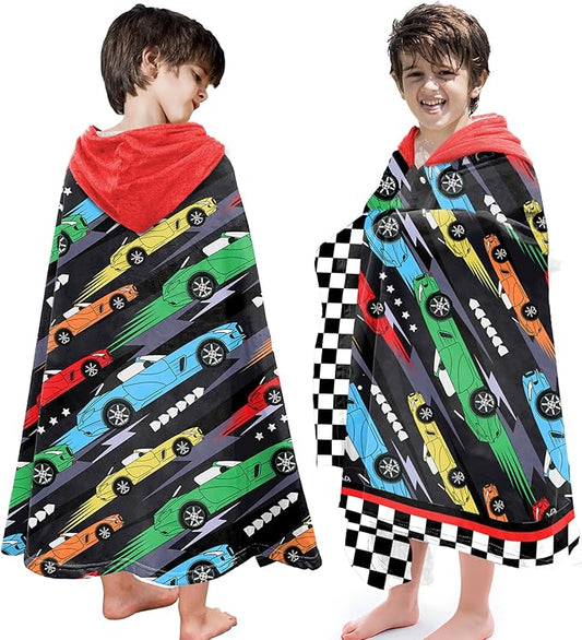 Hooded Towels for Kids -Toddler Beach Towel- Super Absorbent & Quick Dry 100% Cotton 35x60 Inch - to Kid Ages 3-12-Racing Car Swim Towels