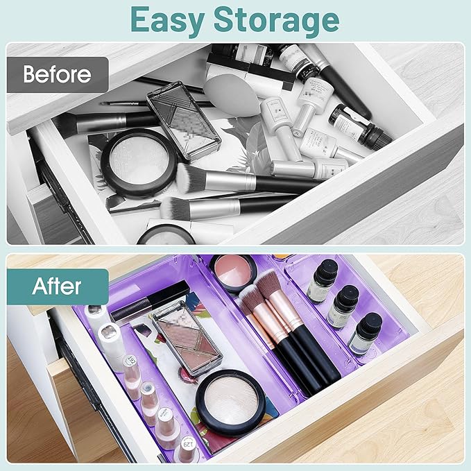 WOWBOX 6 PCS Clear Plastic Drawer Organizer Set, Desk Drawer Divider Organizers and Storage Bins for Makeup, Jewelry, Gadgets for Kitchen, Bedroom, Bathroom, Office, Purple
