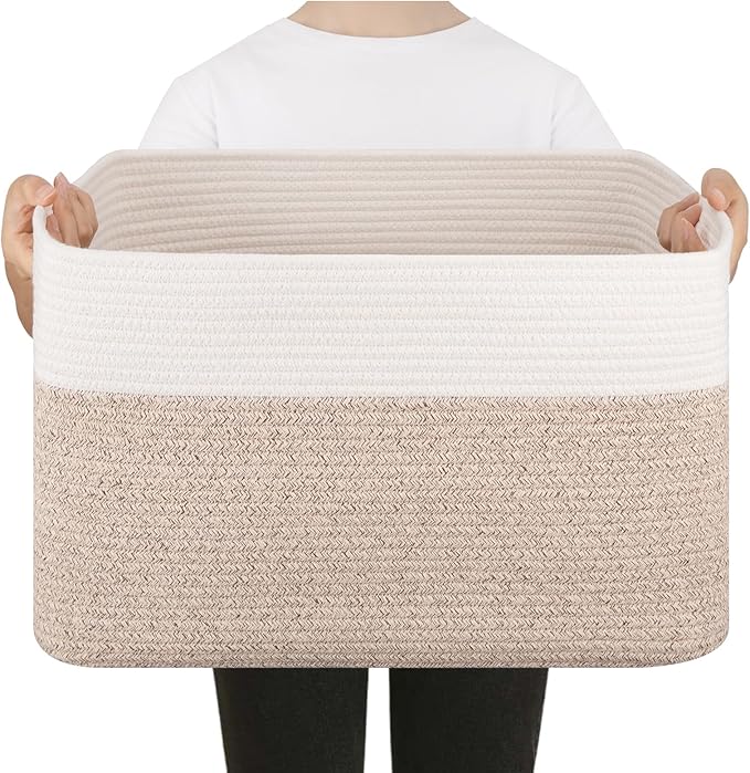 Blanket Basket, Cotton Rope Woven Storage Basket for Living Room, Toy Bin for Kids, Nursery, Baby Room Decorative Organizer, 18''×14''×12'', Brown & White