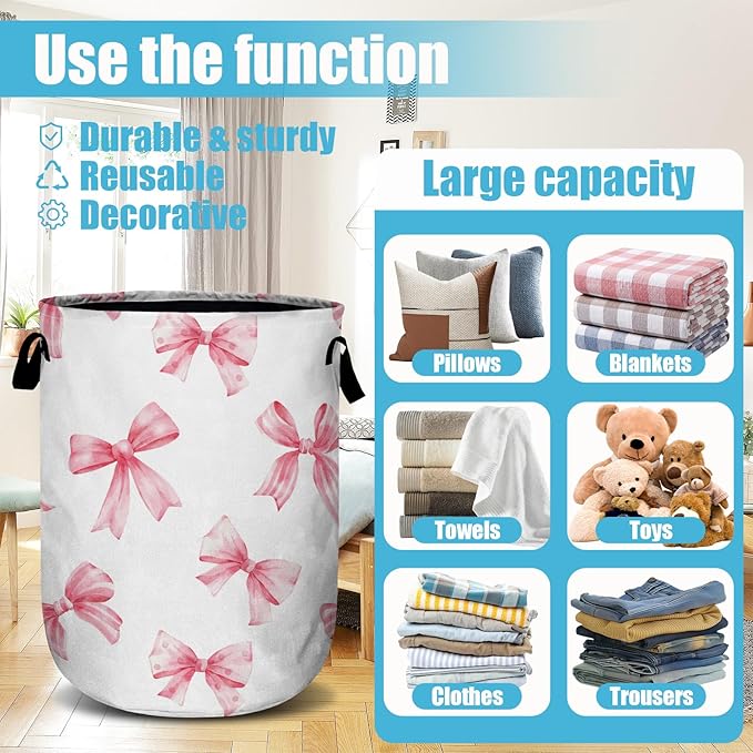 Pink Bow Laundry Basket, Laundry Hamper Collapsible Oxford Cloth with Handle Clothes Toy Storage Bin for Bathroom Laundry Room Bedroom 15.7 X 20 Inch