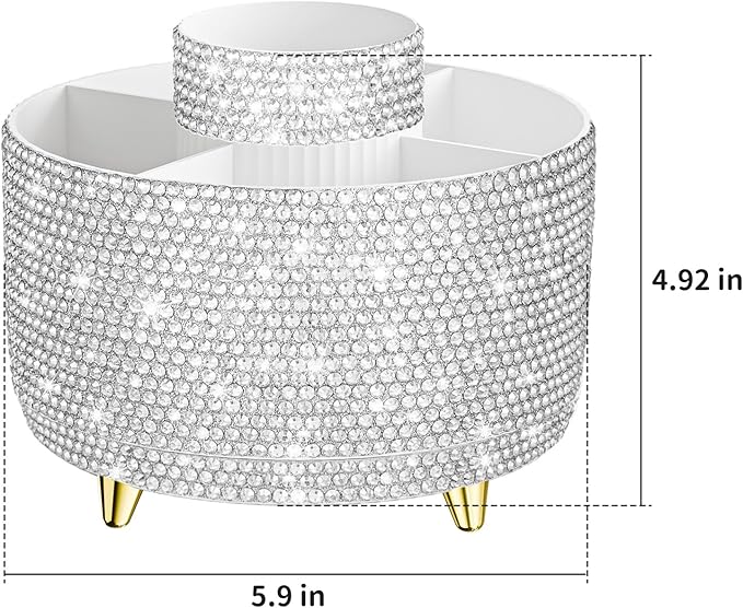 Bling 360° Rotate Makeup Brush Holder Organizer, Makeup Organizers Countertop, Makeup organization and Skincare Storage for Vanity, Gift for Women Girls (Bling dz-White)