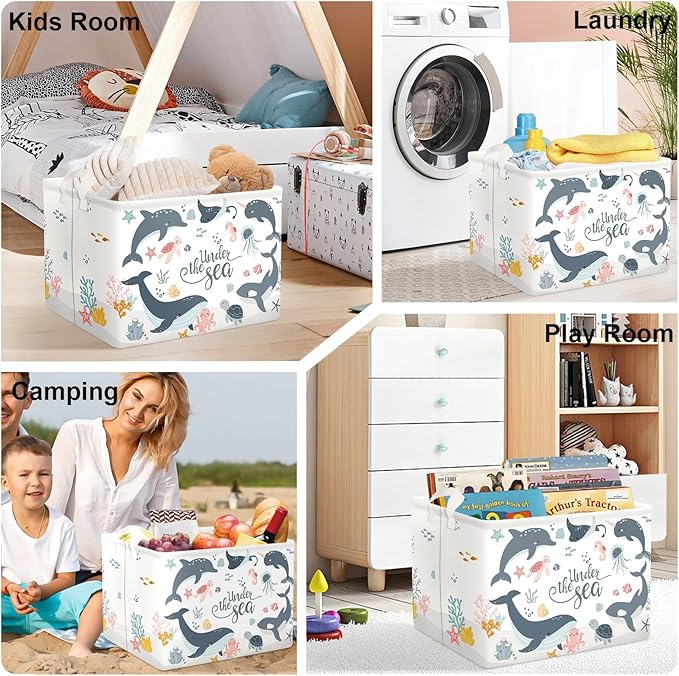 Sea Animals Laundry Hamper Ocean Fish Coral Large Storage Basket Parents Organizer Kids Clothes Toy Bins for Bedroom, Bathroom, Blue Dolphins, 36L