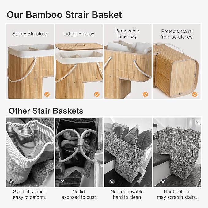 Stair Basket with Lid & Handle – Staircase Storage Basket for Wooden & Carpeted Stairs, Foldable Step Baskets for Stairs, Bamboo Storage Bin Organizer for Toys, shoes & Books (Natural Bamboo)