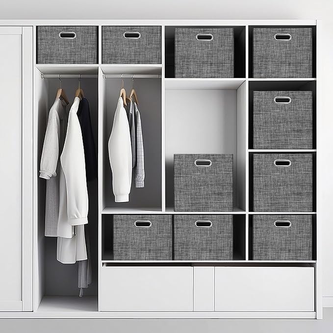 Posprica Closet Storage Bins, 4 Pack Closet Shelf Organizers, Linen Fabric Decorative Storage Baskets for Organizing, Foldable Storage Box for Clothes, Toy, 15x10.5x8.25 Inch (Black)