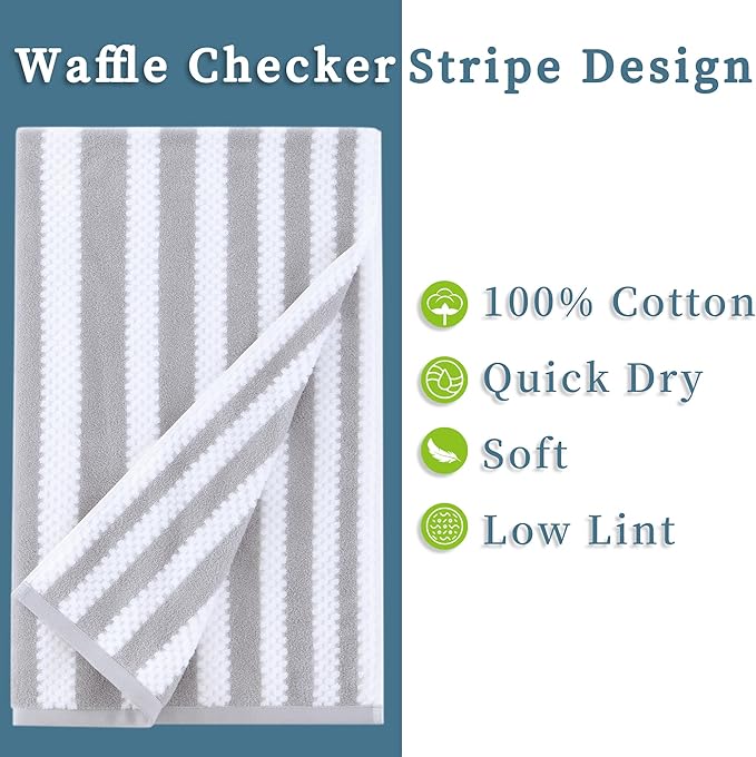 Gray and White Towels, 4 Hand 16"x27", 2 Bath 28"x52" - Cotton | Quick Dry | Lightweight, 6PCS Waffle Towel Set, Grey Striped Towels Bathroom, Luxury Towel Gift Set, Stripe and Checkered