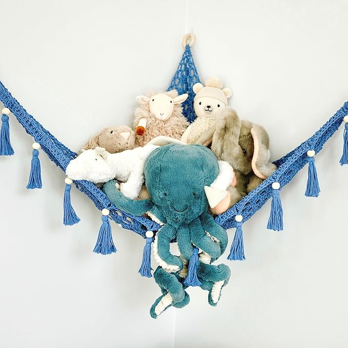 Macrame Toy Hammock for Stuffed Animals - Toy Hammock Net for Stuffed Animals Corner, Blue Nursery Decor, Plush Hammock, Hanging Stuffed Animal Organizer, Deep Sea Blue