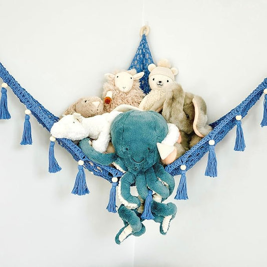 Macrame Toy Hammock for Stuffed Animals - Toy Hammock Net for Stuffed Animals Corner, Blue Nursery Decor, Plush Hammock, Hanging Stuffed Animal Organizer, Deep Sea Blue