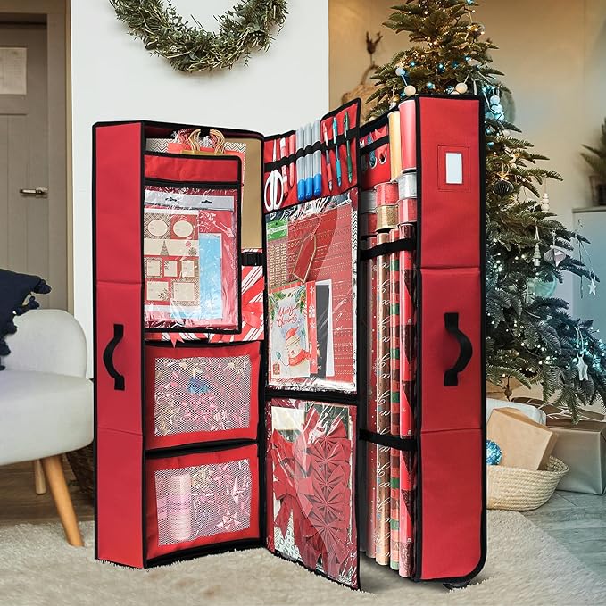 Hearth & Harbor Wrapping Paper Storage Container with Ribbon Dispenser and Interior Pockets - Large Christmas Storage Containers with Wheels, Fits 30 Rolls of 40" Length, Red
