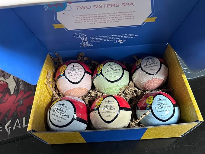Poke Monster Bath Bombs for Kids with Surprise Inside (6 Pack) - Large Bubble Bath Bomb for Boys & Girls - Fruity Scent, Skin-Safe, USA Made, Children and Boys Valentines Gift by Two Sisters