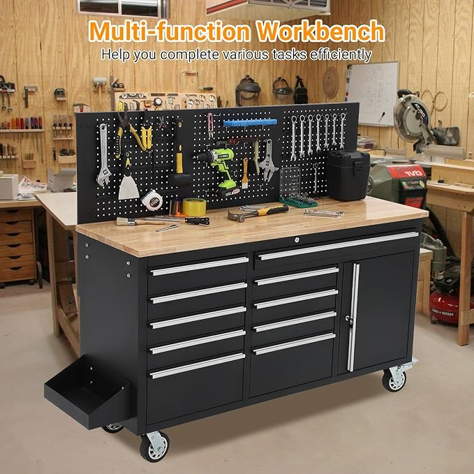 61" Rolling Tool Chest with 10 Drawers, Workbench Cabinet with Power Strip, Solid Rubber Wood Top, 1675 LBS Load, Mobile Heavy Duty Garage Storage, Locking Wheels