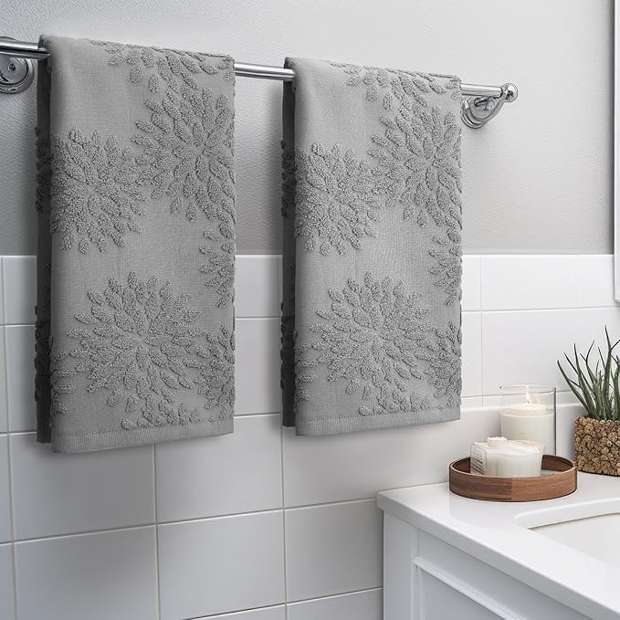 2 Pcs Quality Floral Jacquard Hand Towels Set for Bathroom Light Gray Hand Towels 100% Cotton Absorbent Decorative Weave Bath Decor Neutral Bathroom Decor Gift, 13.7 x 29.5 Inch