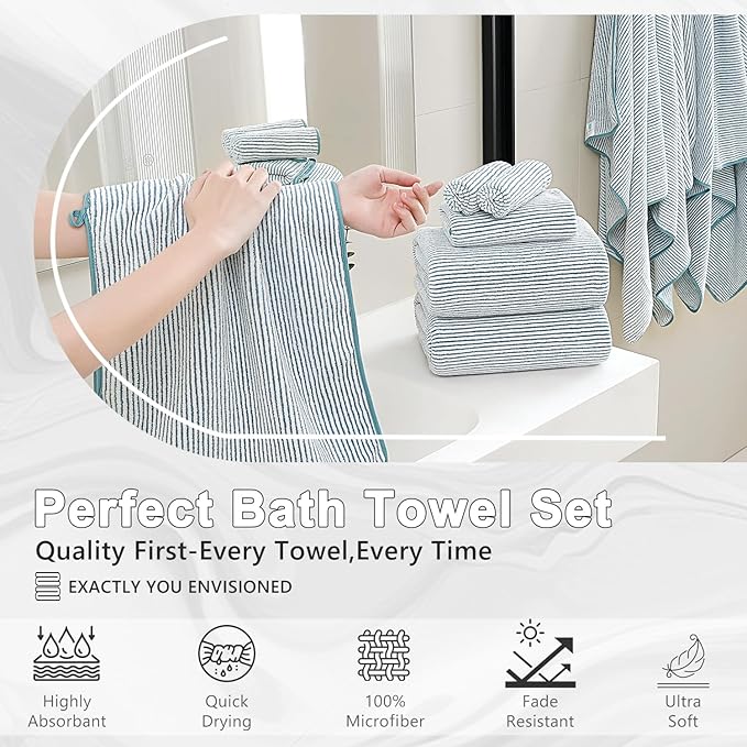 8-Piece Premium Towel Set for Bathroom|2 Oversized Large Bath Sheet,2 Hand Towels,4 Washcloths|Soft Cozy Highly Absorbent Fast Dry Microfiber Shower Towel Set for Hotel Bathroom Essentials,Lake Blue
