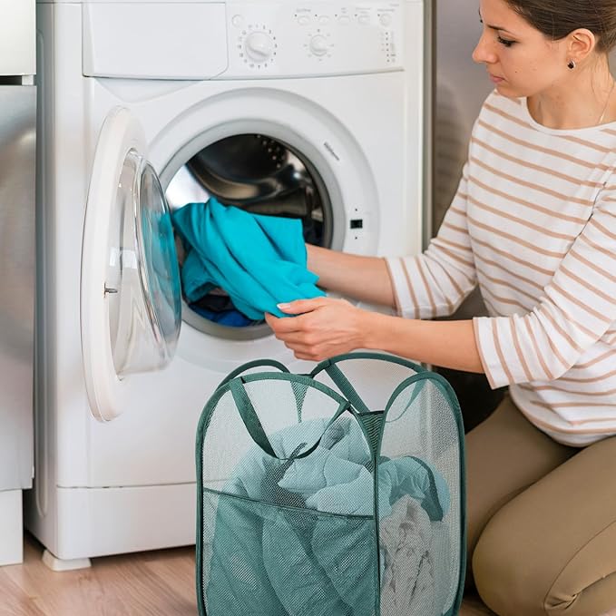 4 Pcs Foldable Mesh Popup Laundry Hamper, Handy Laundry Basket with Easy Carry Handles and Side Pocket Durable Clothes Storage for Bathroom Kids Room Dorm Travel