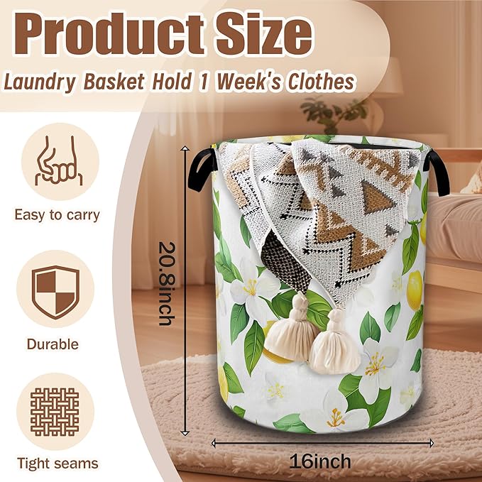 Lemon Fruits Laundry Hamper,Flowers Leaves Laundry Baskets,Waterproof Oxford Cloth Toy Storage for Bedroom,Bathroom,Nursery,16x20.8 Inch