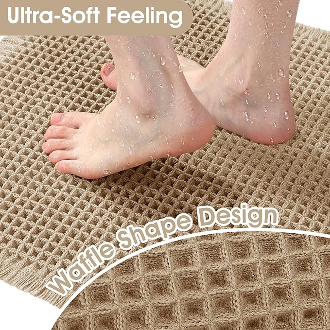 Accumtek Extra Large Waffle Bath Mat, 5'x2' Beige, Super Absorbent Non-Slip Quick Dry Bathroom Rugs with Tassels, Machine Washable Ultra Soft Boho Bath Rugs for Floor, Toilet Mats Boho Farmhouse Decor