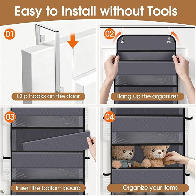 WISELIFE Over The Door Organizer Storage with 5 Large Pockets Door Hanging Organizer with Clear Windows behind The Door Storage for Nursery Bedroom Bathroom Pantry Closet and Baby Essentials Dark Grey