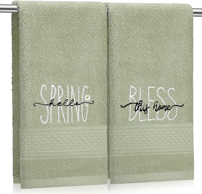 2 Pcs Hello Spring Hand Towels Gray Green Bathroom Decor 14x29 Inch 100% Cotton Soft Absorbent Bless This Home Embroidered Decorative Hand Towels for Bathroom Kitchen Housewarming Gifts