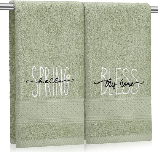 2 Pcs Hello Spring Hand Towels Gray Green Bathroom Decor 14x29 Inch 100% Cotton Soft Absorbent Bless This Home Embroidered Decorative Hand Towels for Bathroom Kitchen Housewarming Gifts