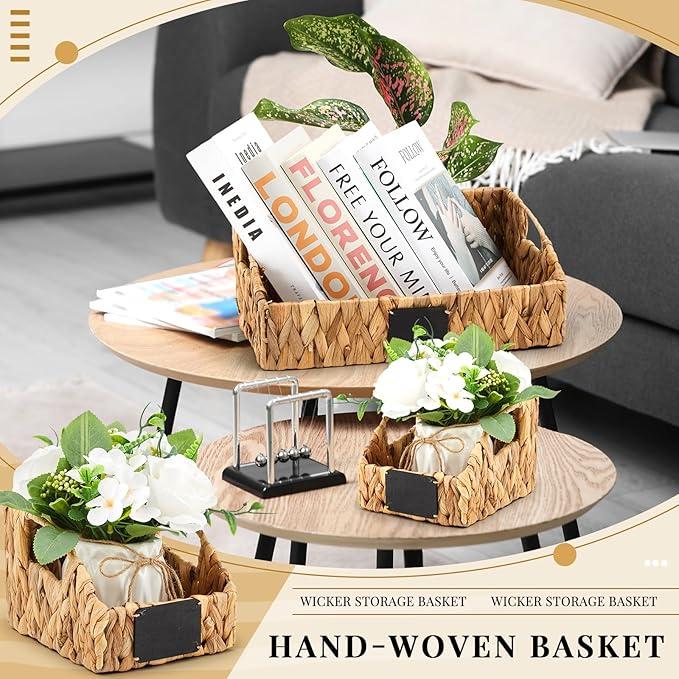 4 Pcs Hyacinth Storage Set Stackable Handwoven Wicker Baskets with Chalkboard Label Handles Woven Container Kitchen Large Small for Pantry Shelves Food Home Bathroom Decor