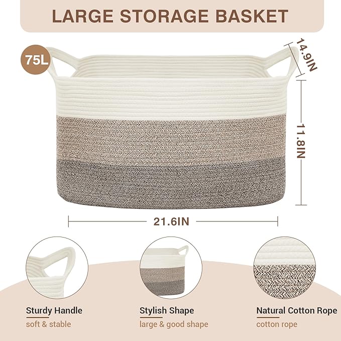 YOUDENOVA Nursery Storage Basket，21.6''×14.9''×11.8'' Rectangle Cotton Rope Blanket Basket, Nursery Laundry Hamper for Organizing，Toy Basket for Living Room, Bedroom
