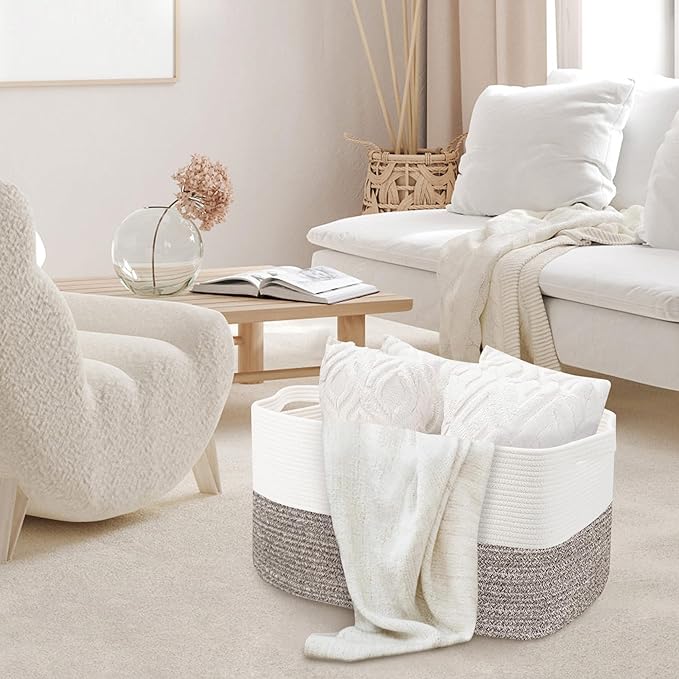 Large Blanket Basket, 22"x17"x12" Rectangle Blanket Storage for Living Room, Decorative Kids Dog Toy Bin Box, Soft Woven Cotton Rope Storage Basket, Big Wicker Throw Pillow Organizer Holder