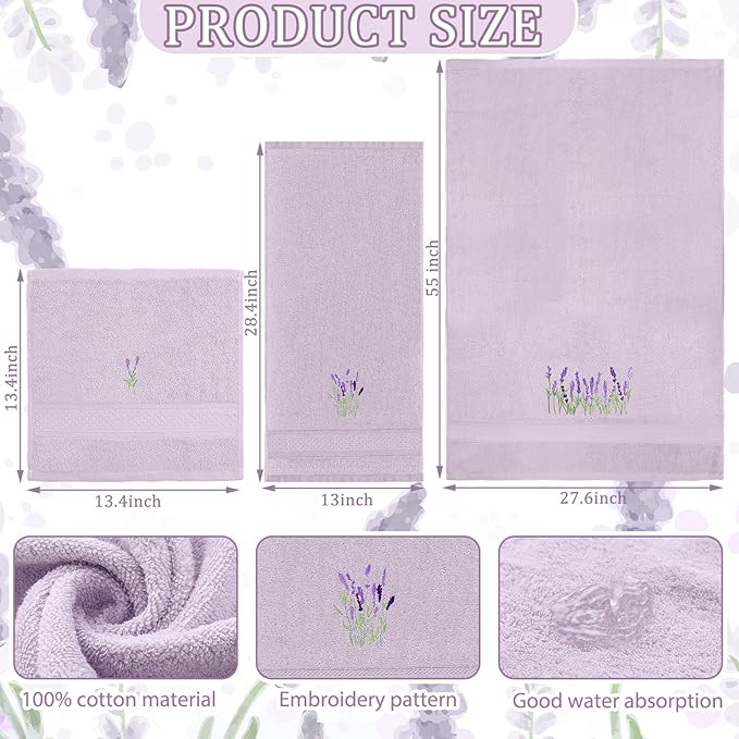 3 Pcs Lavender Floral Bathroom Towel Set Farmhouse Embroidered Lavender Floral Towels Vintage Decorative 100% Cotton Bath Towel Highly Absorbent Elegant Decor Set for Bathroom