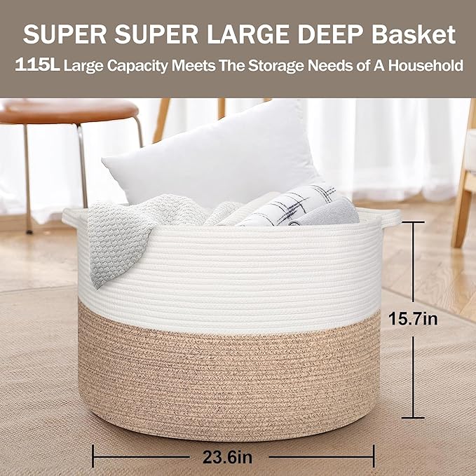 115L Super Large Blanket Basket, Kids Dog Toy Storage Bin Box, Oversized Nursery Baby Toy Organizer, Cotton Rope Woven Bin, XXXL Jumbo Basket for Blankets for Living Room, 23.6"x15.7", Brown