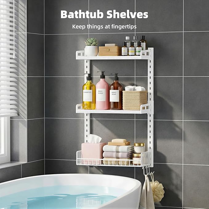3 Tier Bathroom Shelves Over Toilet - Wall Mounted Floating Shelves with Drain Basket, Toilet Paper Storage, Height Adjustable Over The Toilet Storage, Pure White