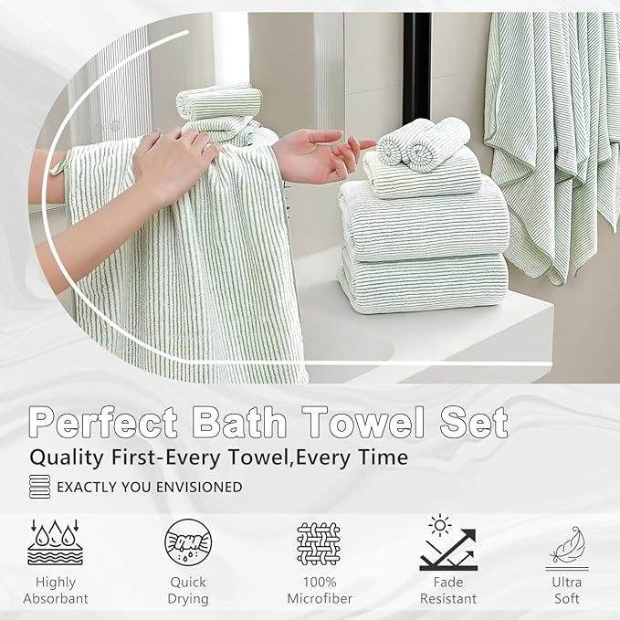 4 Piece Bath Towel Set 35"x70"Oversized Bath Towel for Bathroom Ultra Soft Fluffy Extra Large Bath Sheet Luxury Premium Bathroom Towel Highly Absorbent Quick Dry Shower Towel for Hotel Spa,Green White