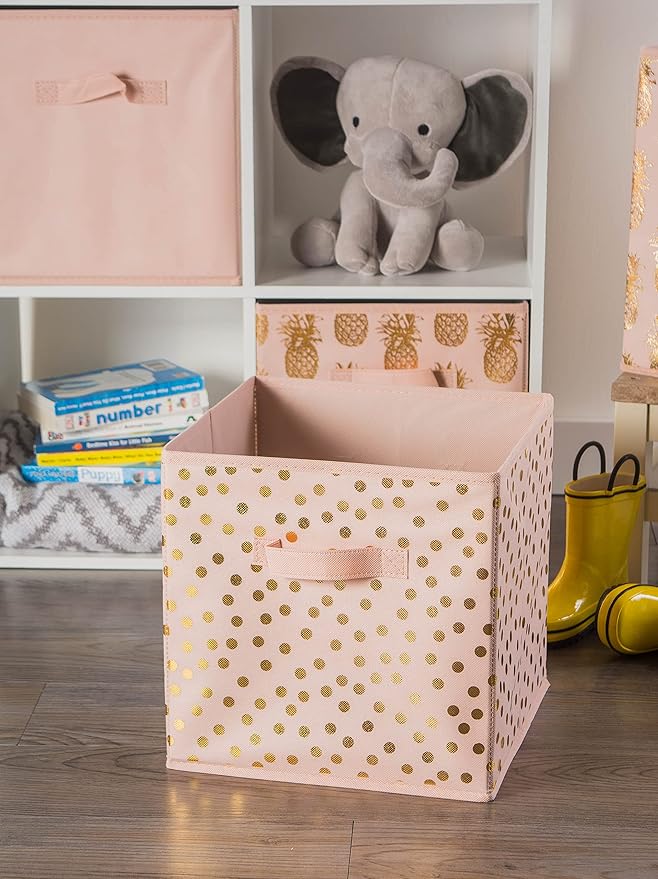 DII Non Woven Polyester Storage Bin, Polka Dot, Pink & Gold, Small Set of 4