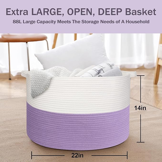 Large Purple Rope Storage Basket, 22x14 Inches Wicker Woven Baskets for Storage, Baby Laundry Hamper, Towel Blanket Toy Bin Organizer, Purple Living Room Decor, Big Basket for Gifts Empty