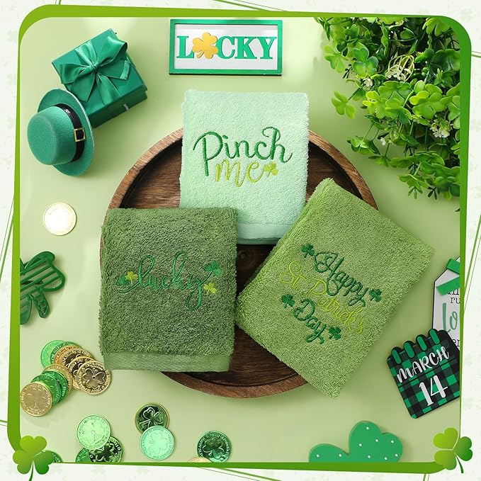 3 Pack Saint Patrick's Day Hand Towels 13.4 x 29.2 Inch Cotton Embroidered Lucky St Patricks Day Bathroom Towel Absorbent St. Patrick's Decorative for Hand Drying Cleaning Gift