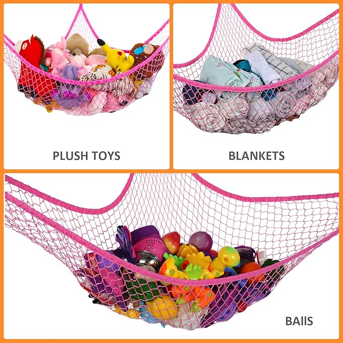 Toy Hammock, Stuffed Animals Hammock, Jumbo Toy Storage Net 83" Wall Sling Corner Extra Large Kids Children Mesh Toy Net Organizer (Pink, 83 Inch)