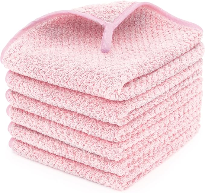 6 Piece Washcloth Set,100% Microfiber - Quick Dry, Thick, Soft, Plush and Highly Absorbent Luxury Hotel & Spa Bath Towel for Bathroom, Pack of 6, Pink