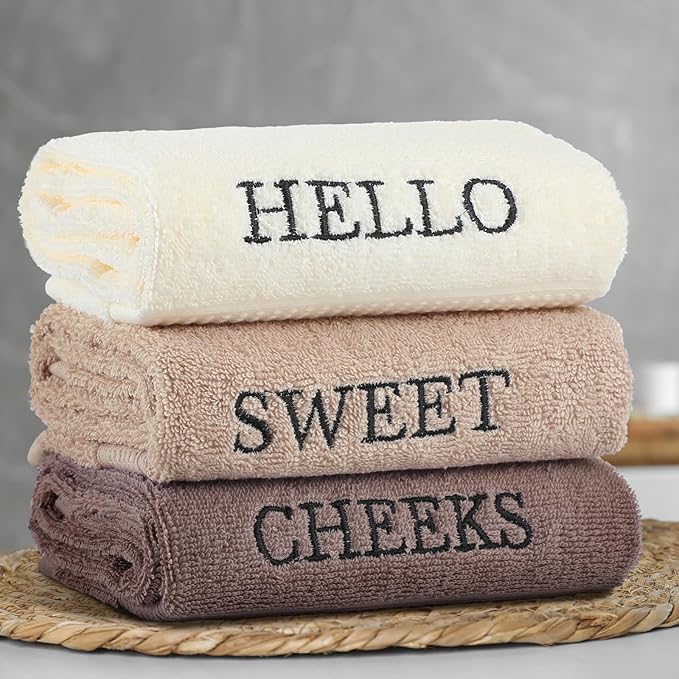 3 Pcs Hello Sweet Cheeks Hand Towels Farmhouse Decorative Embroidered Bathroom Hand Towels Rustic 100% Cotton Hand Towels Set for Boho Bathroom Kitchen Decor