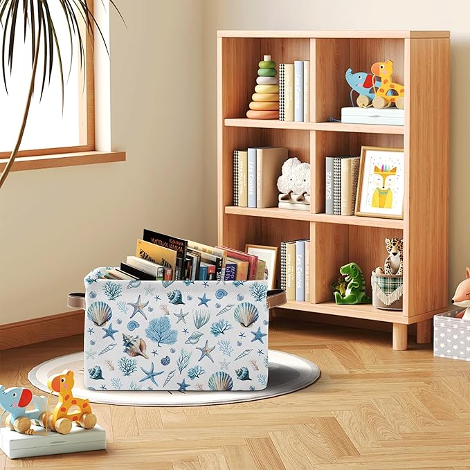 Sea Shells Starfish Rectangle Storage Basket - Ocean Themed Collection Collapsible Storage Baskets with Handles - Ocean Conch Pattern Storages Bin for Kids Clothes, Gifts, Books, Toys