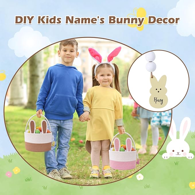 Easter Baskets for Kids, Small Bunny Personalized Easter Basket Empty with Handle, Basket Name Tags, Woven Rope Baby Easter Egg Baskets for Babies Girls Boys Toddler Infant, 9" x 9" x 6.3"