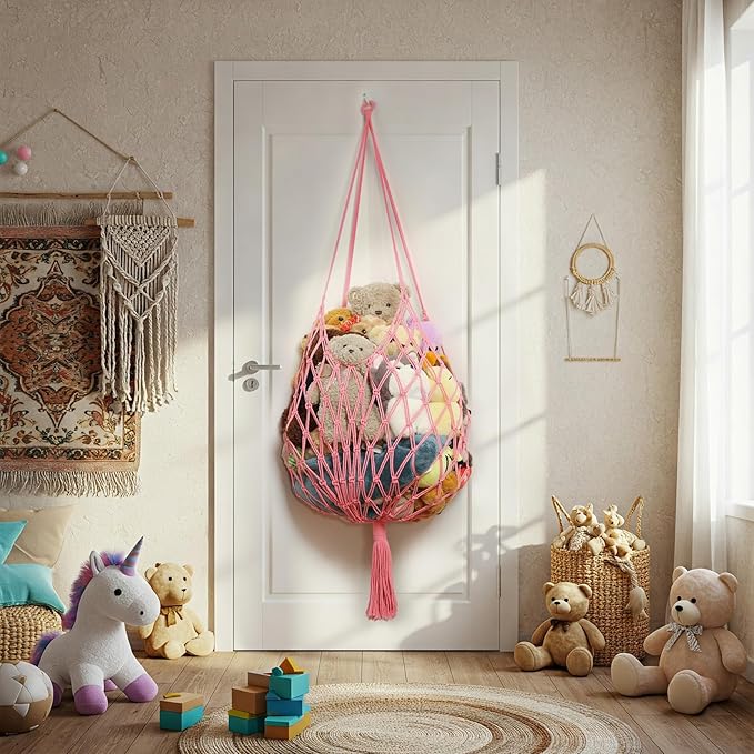 Stuffed Animal Storage Hammock Corner Hanging Net Stuffy Animal Hammock Macrame Toy Display Plush Toy Holder for Kid Bedroom Decor Boho Nursery Playroom Organizer (pink)