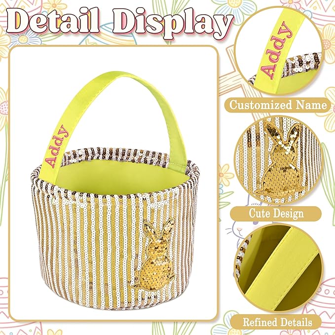 Personalized Easter Basket for Kids, Boys & Girls – Ideal for Egg Hunting & Easter Gift Storage (Yellow Sequin Bunny Basket)