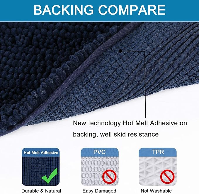 H.VERSAILTEX 3 Piece Bathroom Rugs Sets Thick Striped Bath Rugs Set for Bathroom Non Slip Soft Absorbent Bath Mat Set for Tub, Shower and Toilet(17''x24''+20''x32''+20''x24'' U-Shaped, Navy)