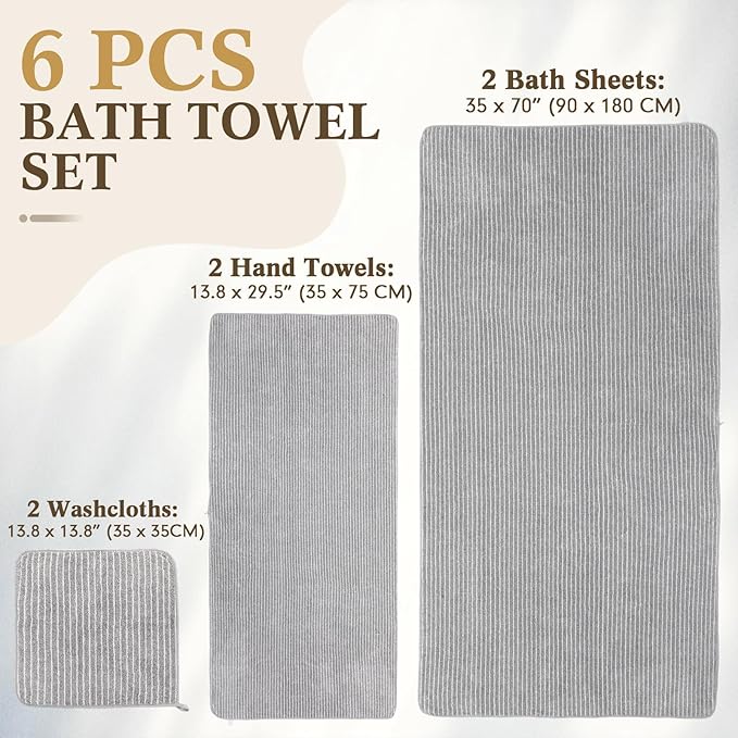 6 Pcs Oversized Bath Towels for Adults 35x70 Inches Gray & White Striped Extra Large Bath Towel Sets Bathroom Sheets Jumbo Shower Towels Quick Absorbent Soft Microfiber for Women Men