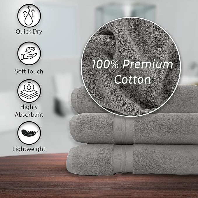 100% Cotton Bath Towels, 24x48 Pack of 6 Towels, Quick Dry, Highly Absorbent, Soft Feel Towel, Gym, Spa, Bathroom, Shower, Pool, Luxury Soft Towels (Light Grey, 24x48-6 Pack)