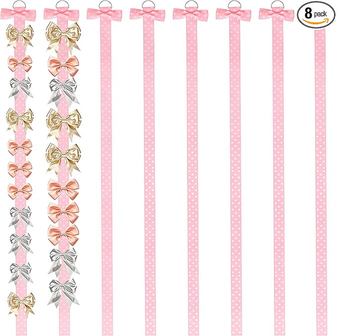 8 PCS Pink Bow Holder for Girls Hair Accessories Organizer, Hair Bows Clips Headband Storage Display Wall Hanging for Baby Room Nursery Decor